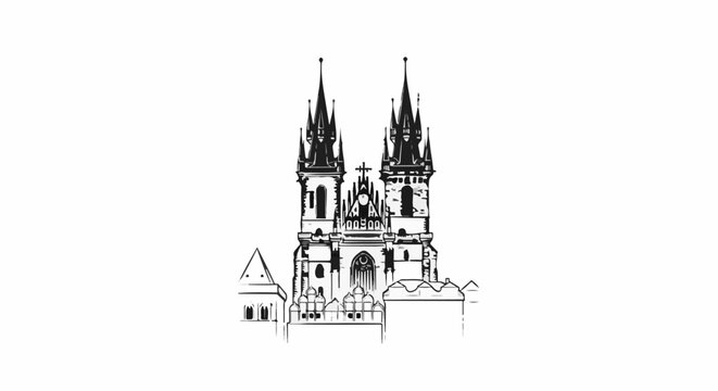Stylized ink drawing of a Gothic church with twin spires