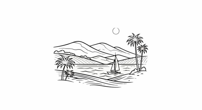 A stylized line drawing depicts a serene coastal landscape with rolling hills, palm trees, and a sailboat