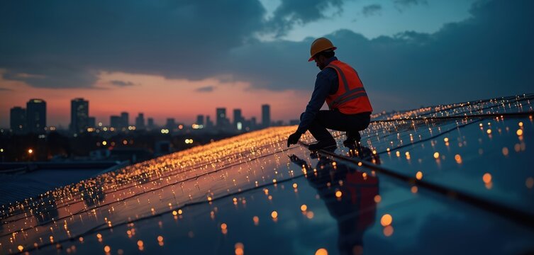 Professional worker checks solar panels on city rooftop at dusk. Worker in hard hat and vest inspects energy system against skyline. Renewable tech.