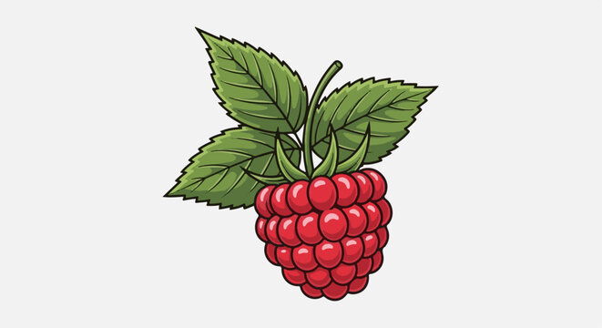 Stylized ripe red raspberry with green leaves on a light gray background