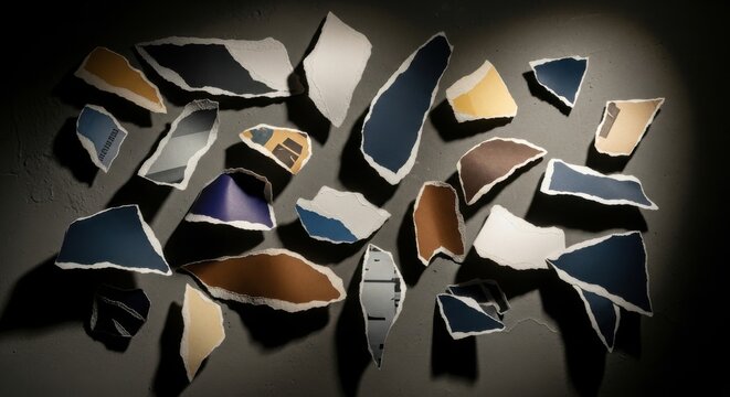 Abstract composition of torn paper fragments with varied textures and shadows on a dark surface