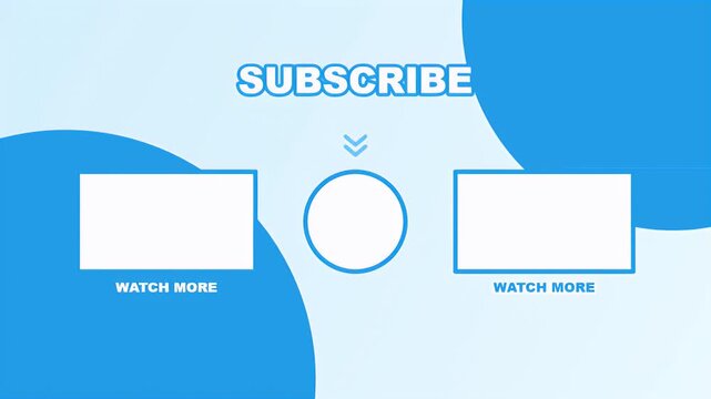 Blue and white youtube end screen template with subscribe text and video placeholders for content creators