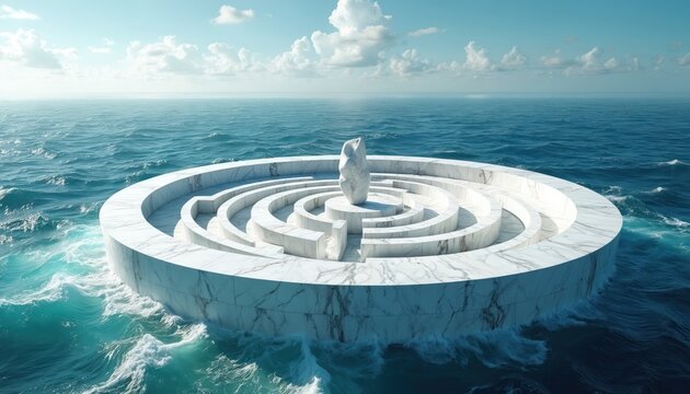 Circular marble maze floats on choppy blue ocean waves under bright sky and clouds. Stone obelisk stands at center. Conceptual, abstract, challenge, journey.