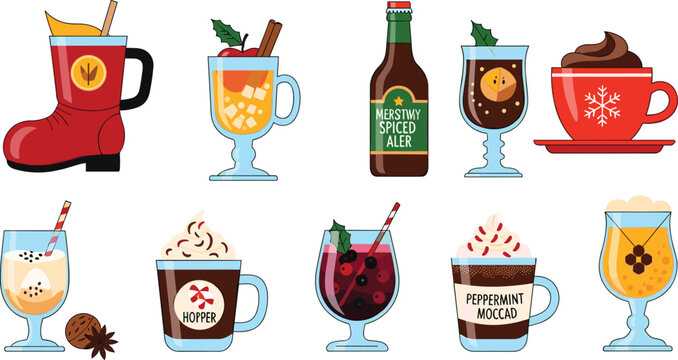 Christmas and Winter Holiday Beverage Icon Set Featuring Festive Boot Mug, Peppermint Mocha, Spiced Ale, Hot Chocolate, Eggnog, and Mulled Wine for Seasonal Cafe Menus