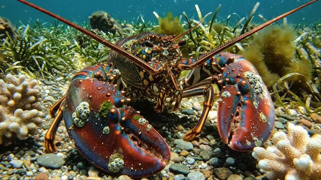 Underwater close-up of a vibrant spiny lobster, showcasing its colorful shell and powerful claws in a coral reef ecosystem.