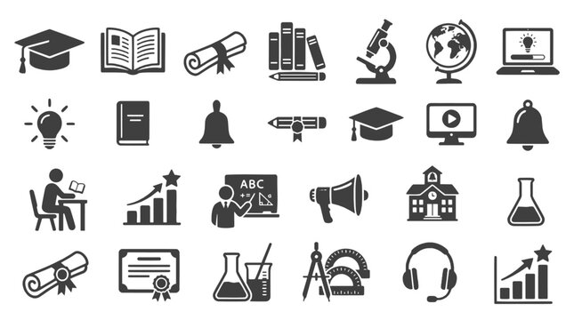 Education and science e-learning icon set. Flat black vector glyphs for school, university, EdTech, and digital academic UI design. Premium modern interface symbols.