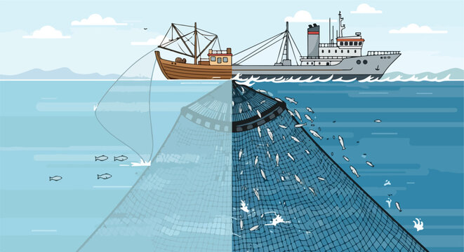 Split-screen contrast of traditional small boat and modern industrial trawling