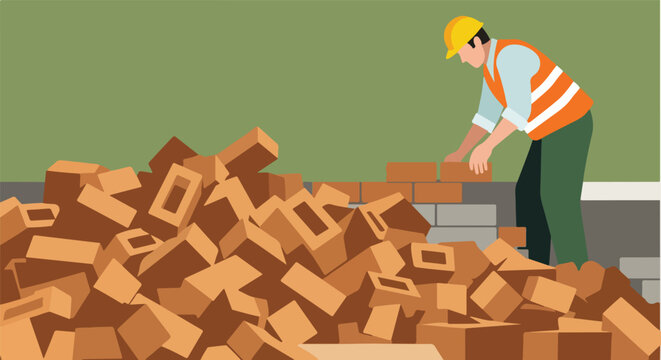 A construction worker in a yellow hard hat builds a brick wall at a work site