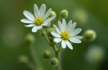 Fototapeta premium Small white flowers with yellow centers grow on green stems. Buds surround blooming petals. Soft bokeh background provides focus on tiny wild flora.