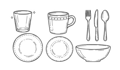 Dinnerware Set Hand Drawn Doodle Vector Illustration © Munjurul