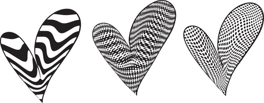 Optical Illusion Heart Pattern Set Black White Seamless Abstract Geometric Lines Dots Op Art Texture Background Collection