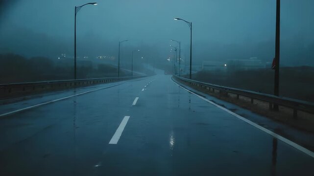 Moody empty highway on a foggy night, with wet asphalt reflecting the glow of distant streetlights and atmospheric mist