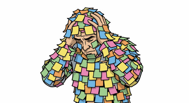 Overwhelmed man covered in colorful sticky notes, head in hands