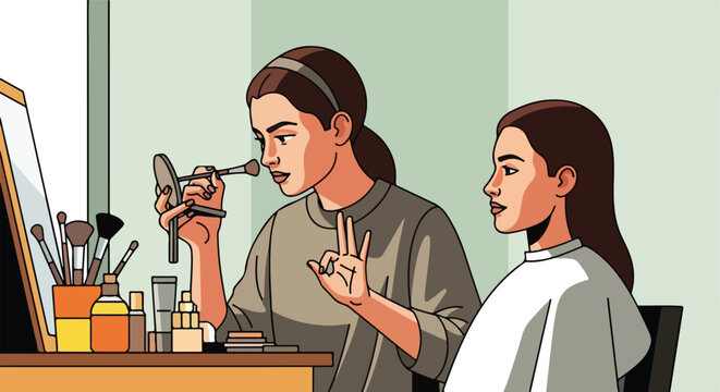 Woman with hand sign showing makeup application to a young girl in a mirror set