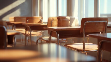 Fototapeta premium Empty classroom with wooden desks and sunlight coming through the windows in a school setting during the morning