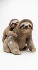 Fototapeta premium Three-Toed Sloth Mother Carrying Her Young Baby on White