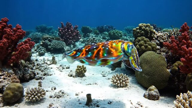 Mesmerizing Vibrant Cuttlefish Swimming Over a Beautiful Coral Reef in the Ocean