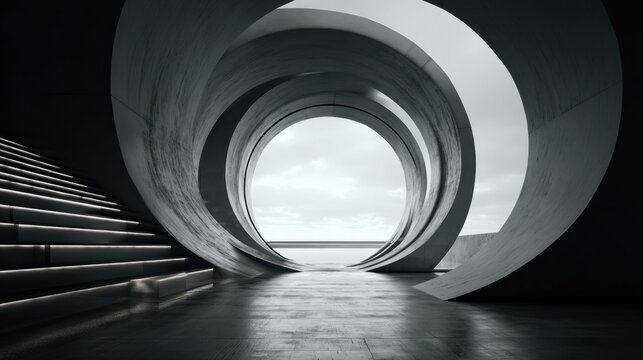 Modern architecture design features circular shapes and a view of the ocean with stairs leading up to the opening