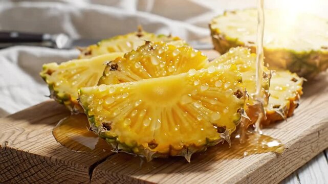 Close-up of fresh pineapple slices drizzled with liquid honey, presented on a wooden board and creating a sweet, appetizing display
