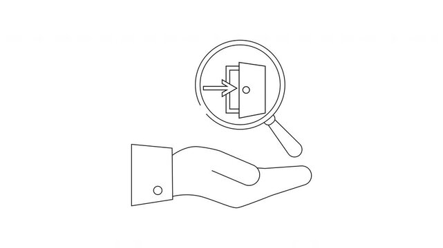 Hand Holding Magnifying Glass Over Doorway Icon Animation.
