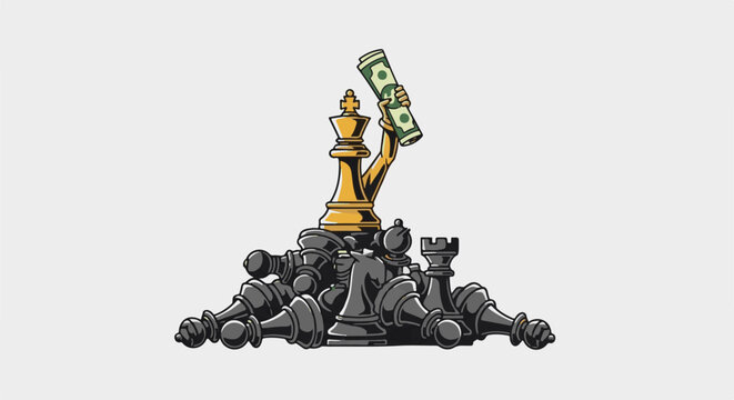 Golden king chess piece stands triumphantly over defeated foes, holding money