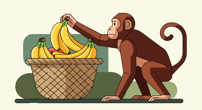 A flat vector illustration of a brown monkey reaching into a basket of bananas