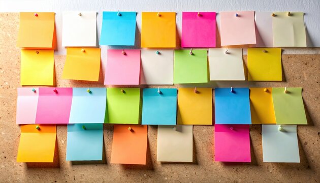 A vibrant assortment of colorful sticky notes pinned to a corkboard for planning and reminders
