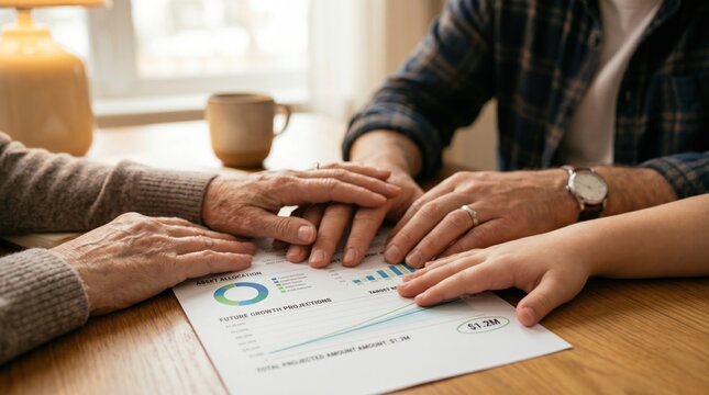 Family hands together over retirement growth plan document, representing trust, shared wealth goals, future security, multigenerational savings, and long term financial planning at home