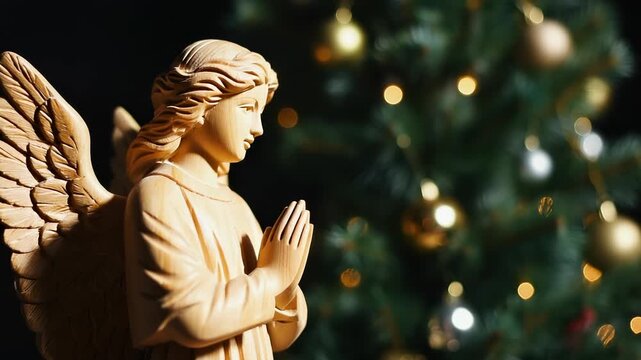 Wooden angel statue praying before a blurred Christmas tree, symbolizing holiday peace, faith, and divine serenity