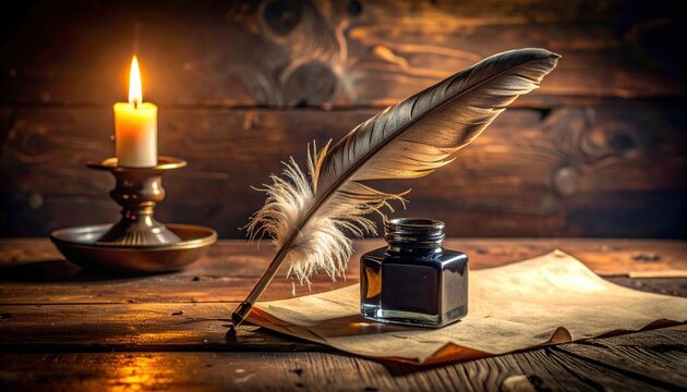 A vintage feather quill poised over an inkwell and aged paper on a wooden desk with candlelight