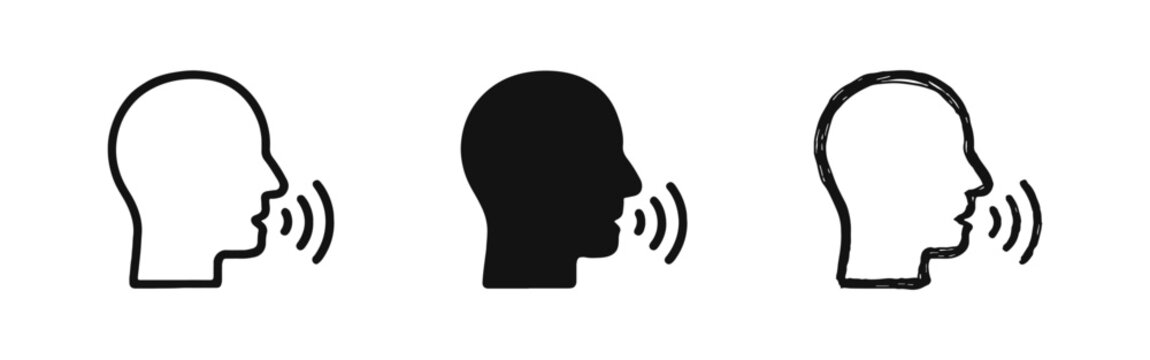 Human head profile and speaking voice wave icon set
