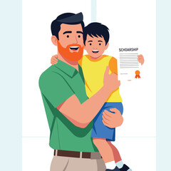 Fototapeta premium A bearded father holding his happy son who is displaying a scholarship document