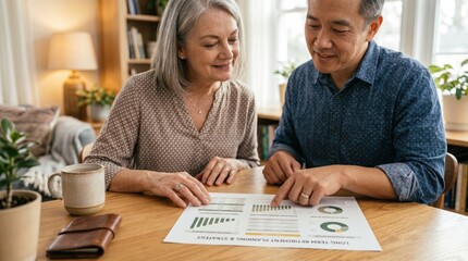 Fototapeta premium Senior couple reviewing long term retirement planning strategy at home, discussing savings goals, wealth management, future security, and trusted financial decisions in a warm lifestyle setting