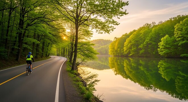 Aerial view of a bustling city with green rooftops and a tree-lined street