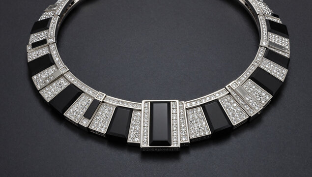 Art Deco Revival Jet and Diamond Geometric Necklace