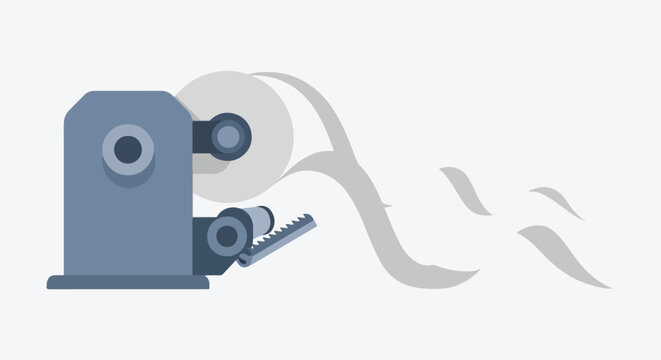 A flat vector illustration of a grey industrial machine dispensing paper rolls