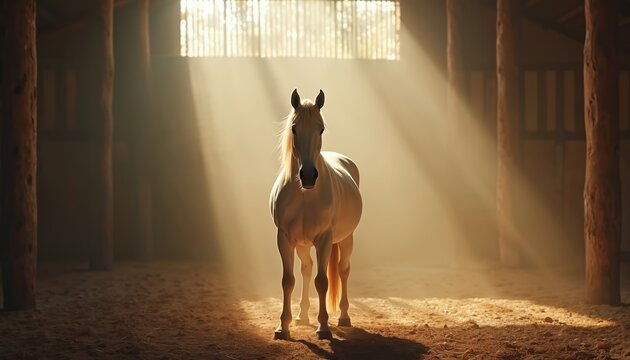 White horse stands alone in sunlit stable. Dust motes float in warm light beams piercing barn interior. Peaceful equine rests indoors with straw floor. Majestic animal waits patiently for handler.