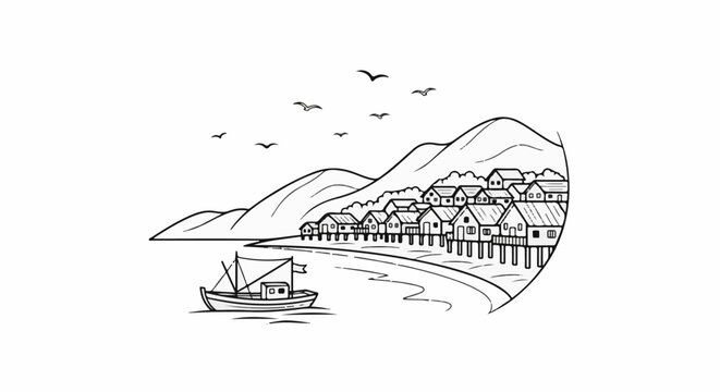 Line art of a village on stilts with a boat and birds under mountains