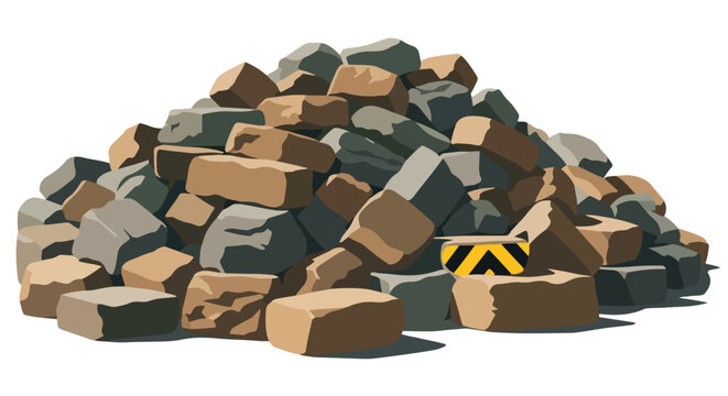 A large, chaotic pile of brown and grey stacked stone blocks on white background