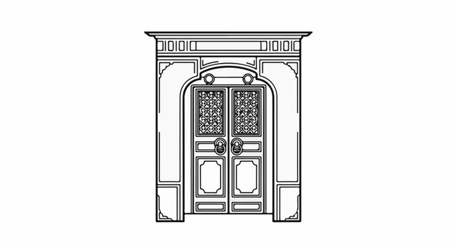 Ornate double doors with decorative panels and ring handles in a grand archway