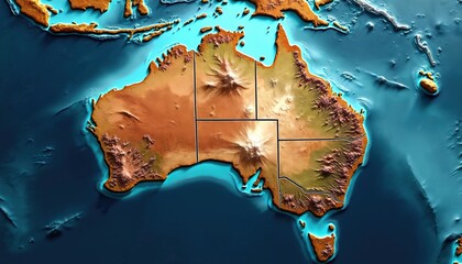 3D topographic map shows Australia landmass, mountains, deserts, and coastlines surrounded by blue ocean. Includes Tasmania and surrounding islands.