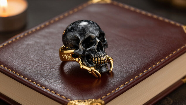 Ornate Gold and Jet Memento Mori Skull Ring Editorial