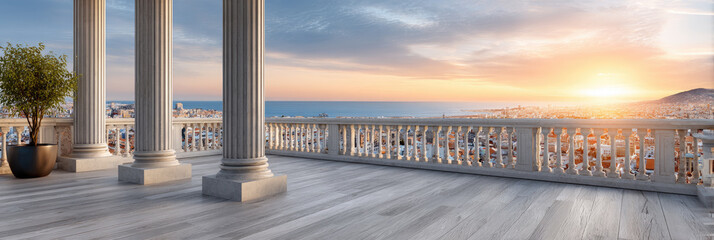 Obraz premium Elegant balcony overlooking a European city coastline at sunset. Featuring classic columns. A decorative balustrade. And a serene ocean view reflecting golden light