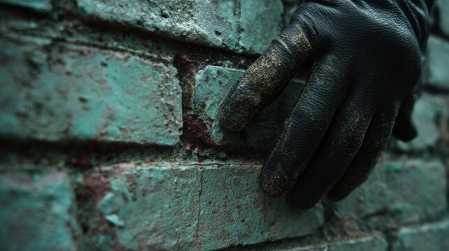 Hand in black glove touching a weathered brick wall in a dimly lit alley at night