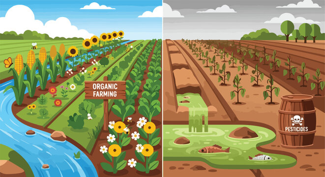 A split illustration comparing healthy organic farming with polluted toxic fields