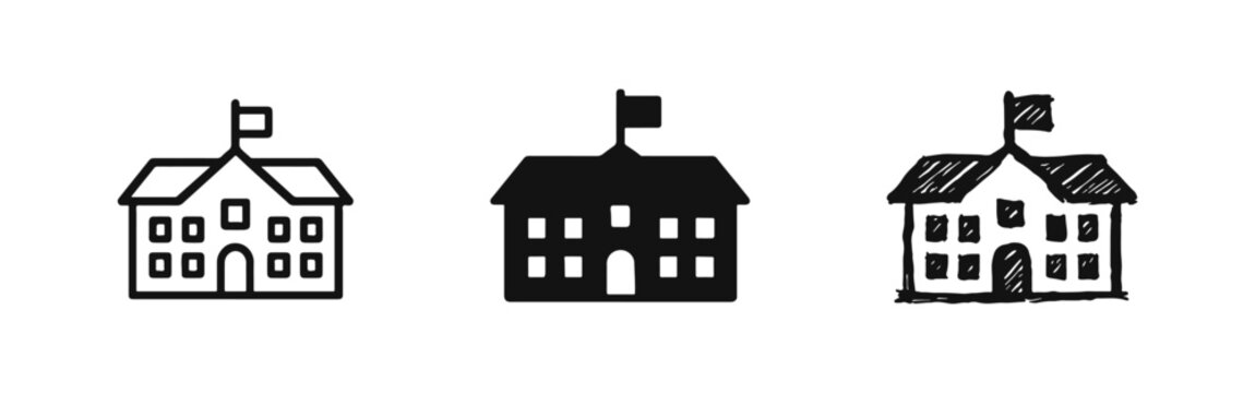 School Building with Flag Icon Set