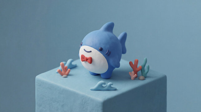 Cute Clay Shark Character with Bow Tie on Blue Cake
