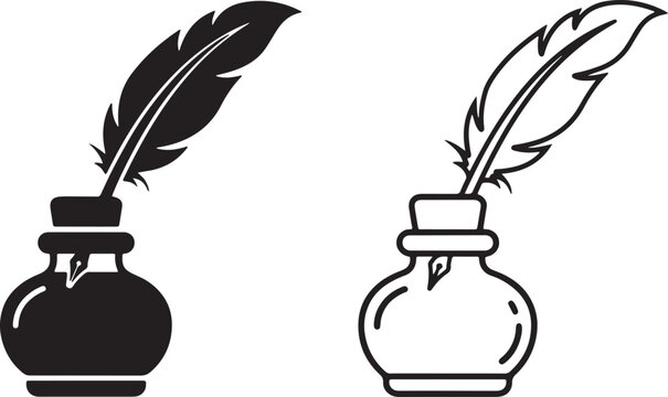 ink bottle and quill icon set silhouette and outline writing symbol vector illustration