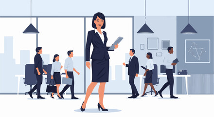 Fototapeta premium Diverse professionals collaborate and move through a modern office space with city views