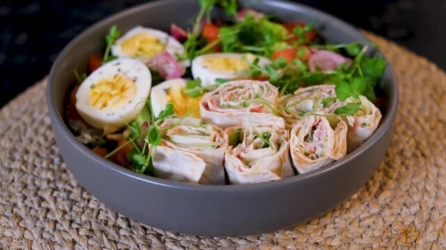 High protein keto meal with lavash rolls cream cheese tuna and salad